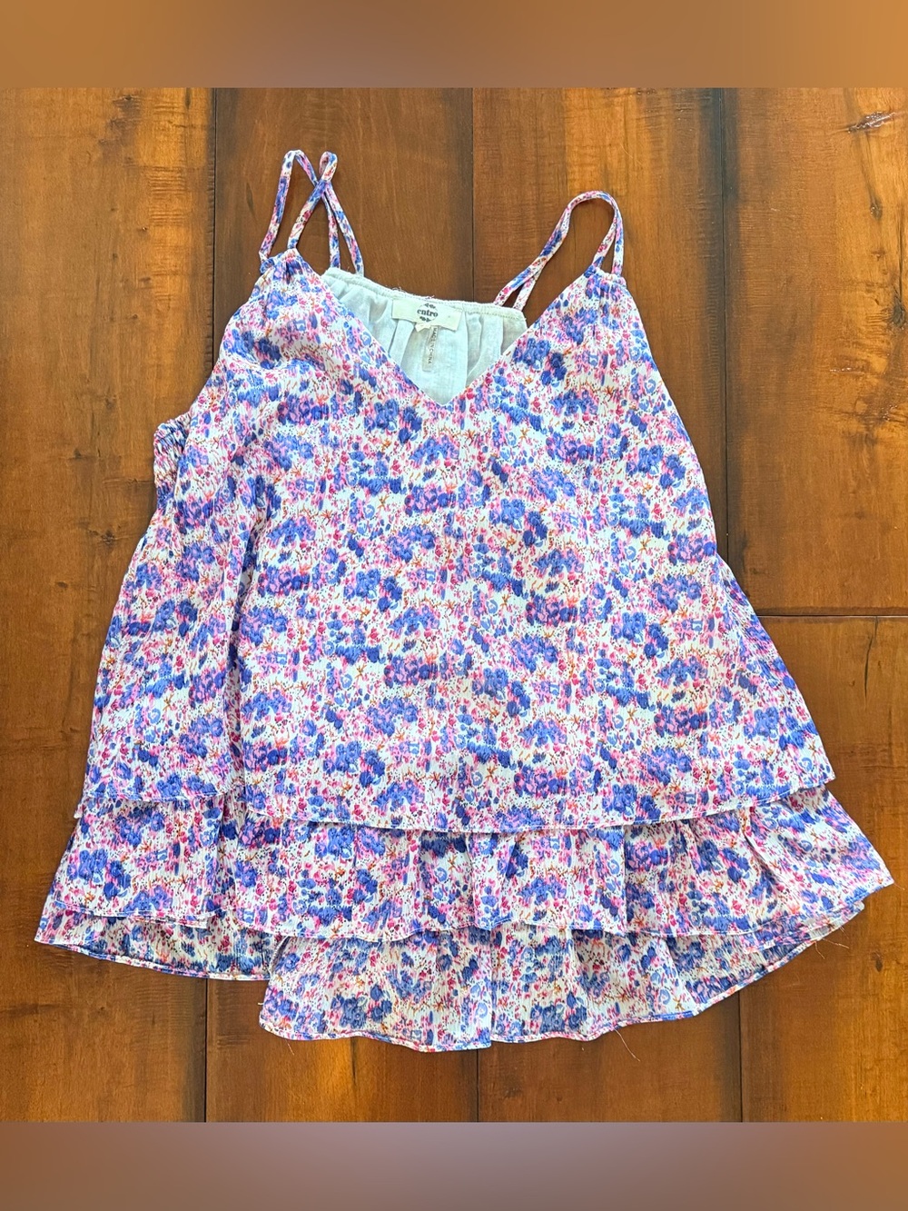 entro Floral Ruffled Spaghetti-Strap Tank - Pink & Blue